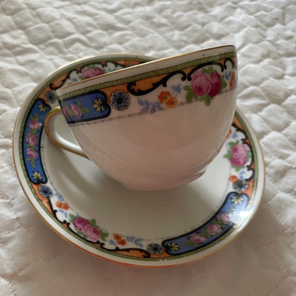 Vintage Multicolored Tea Cup & Saucer - Mepoco Ware Made In Czecho Slovakia